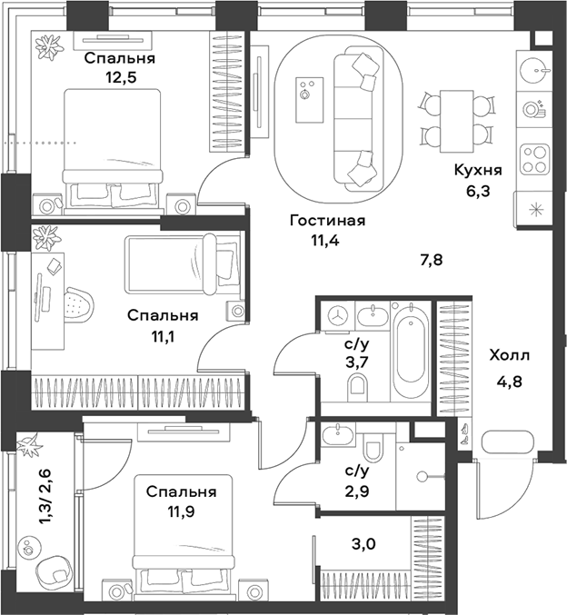 Планировка — ALIA, 4-комн., 76 м²