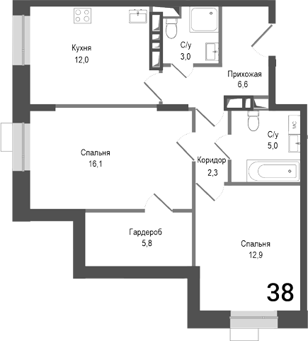 Планировка — Киноквартал, 2-комн., 64 м²