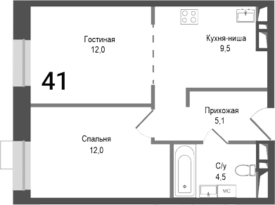 Планировка — Киноквартал, 2-комн., 43 м²