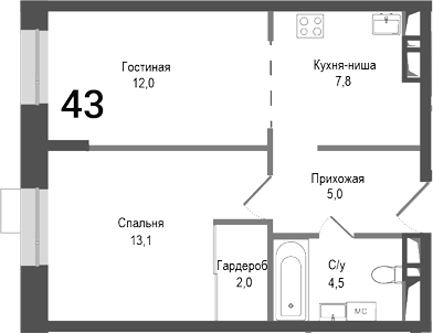 Планировка — Киноквартал, 2-комн., 44 м²