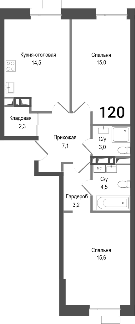 Планировка — Киноквартал, 2-комн., 65 м²