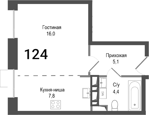 Планировка — Киноквартал, Студия, 33 м²