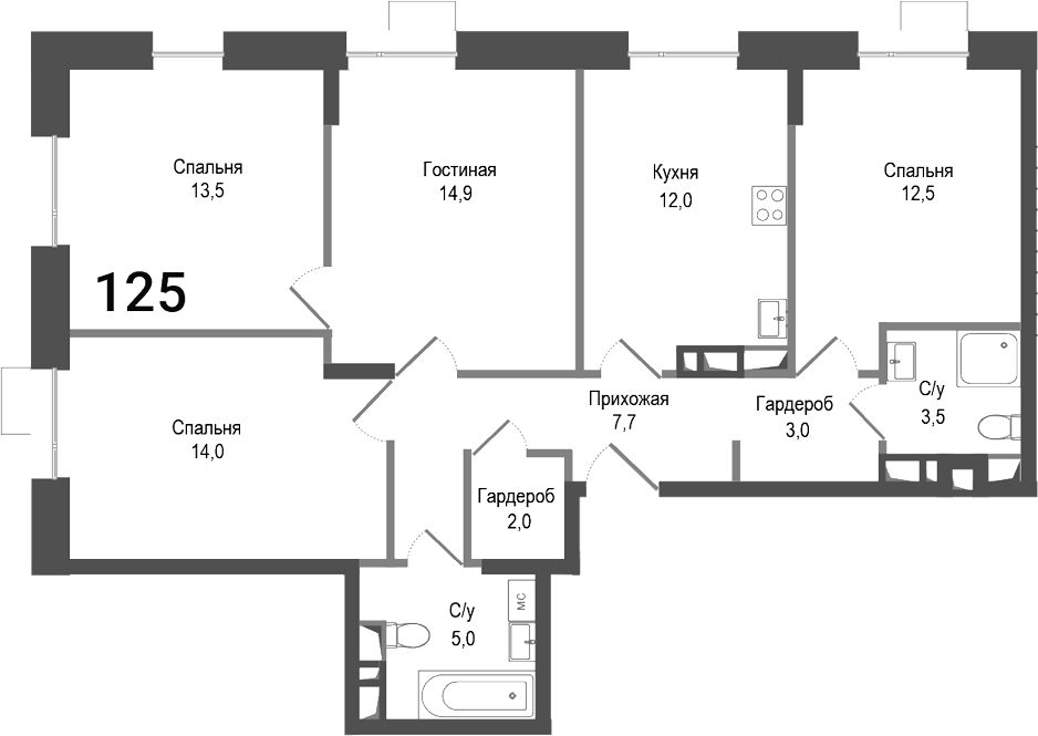 Планировка — Киноквартал, 4-комн., 88 м²