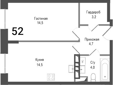 Планировка — Киноквартал, 2-комн., 41 м²