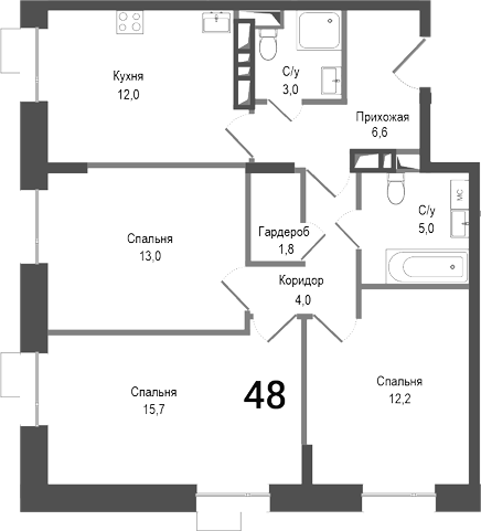 Планировка — Киноквартал, 3-комн., 73 м²