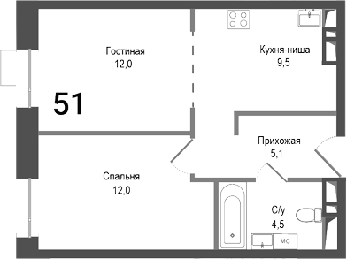 Планировка — Киноквартал, 2-комн., 43 м²