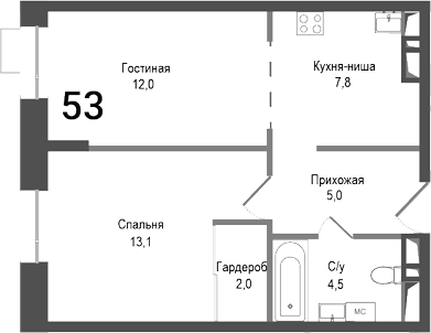 Планировка — Киноквартал, 2-комн., 44 м²