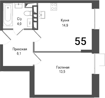 Планировка — Киноквартал, 1-комн., 39 м²