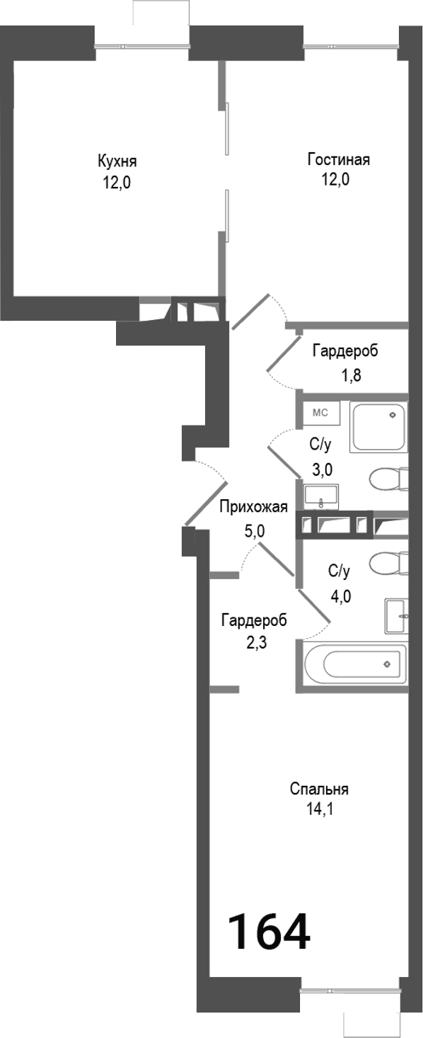 Планировка — Киноквартал, 2-комн., 54 м²