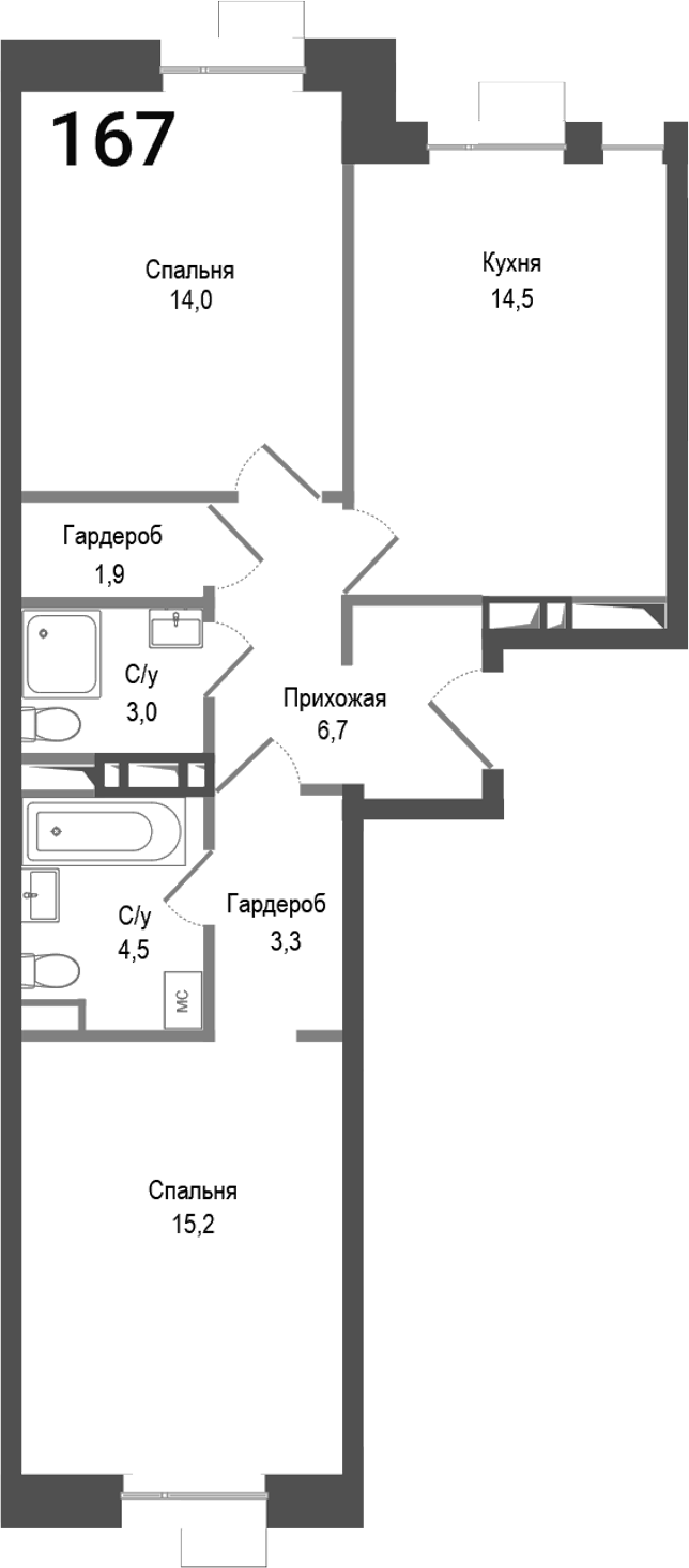 Планировка — Киноквартал, 2-комн., 63 м²