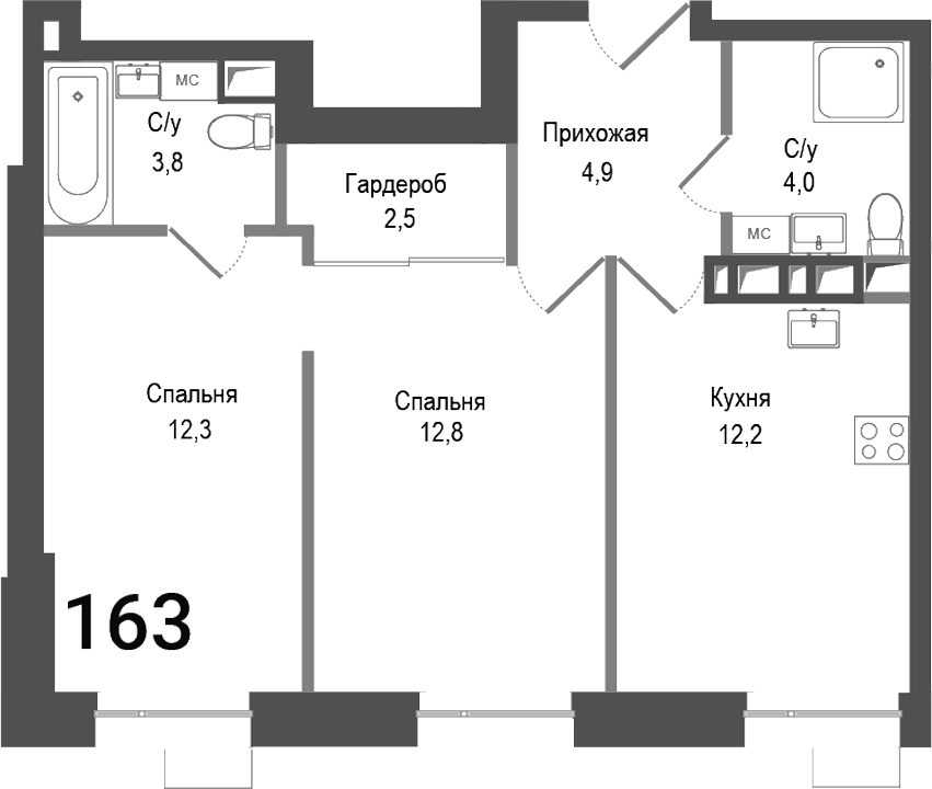 Планировка — Киноквартал, 2-комн., 53 м²