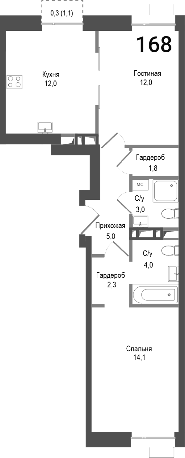 Планировка — Киноквартал, 2-комн., 54 м²