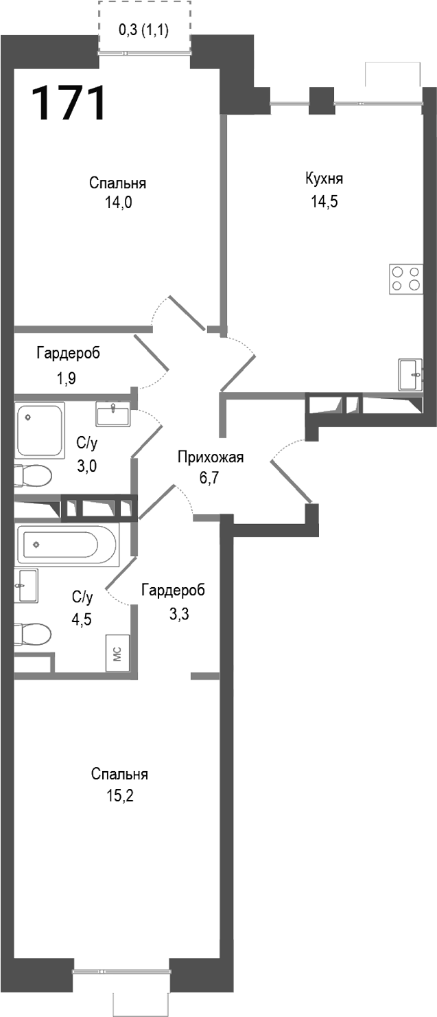 Планировка — Киноквартал, 2-комн., 63 м²