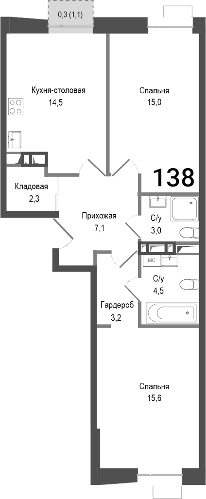 Планировка — Киноквартал, 2-комн., 65 м²