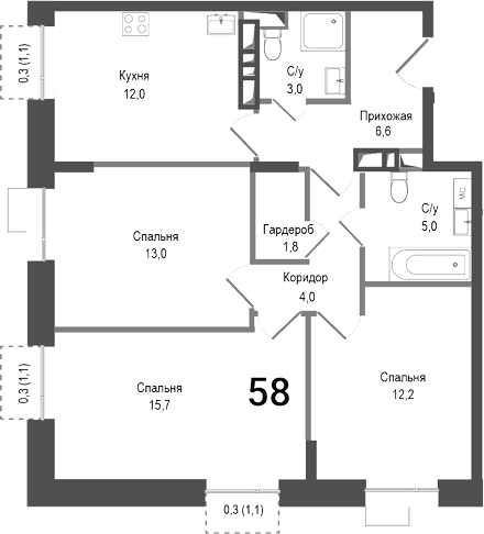 Планировка — Киноквартал, 3-комн., 73 м²