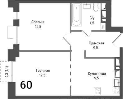Планировка — Киноквартал, 2-комн., 45 м²