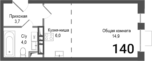 Планировка — Киноквартал, Студия, 29 м²