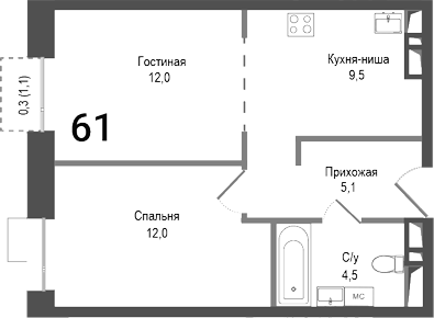 Планировка — Киноквартал, 2-комн., 43 м²