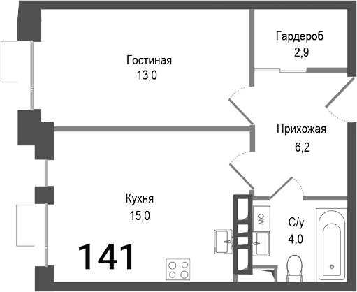 Планировка — Киноквартал, 1-комн., 41 м²