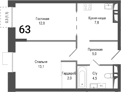 Планировка — Киноквартал, 2-комн., 44 м²