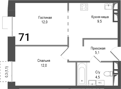 Планировка — Киноквартал, 2-комн., 43 м²