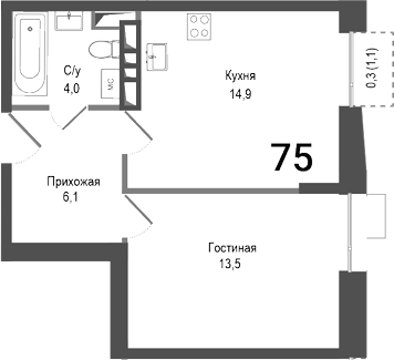 Планировка — Киноквартал, 1-комн., 39 м²