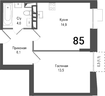 Планировка — Киноквартал, 1-комн., 39 м²