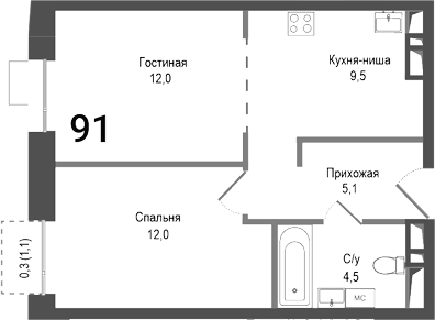 Планировка — Киноквартал, 2-комн., 43 м²