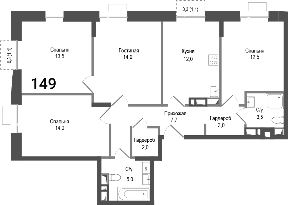 Планировка — Киноквартал, 4-комн., 88 м²