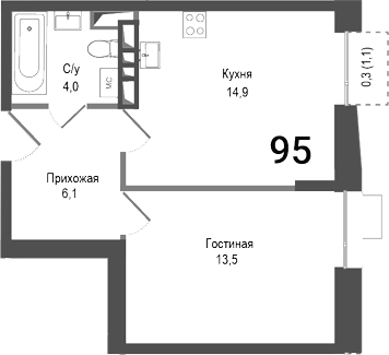 Планировка — Киноквартал, 1-комн., 39 м²