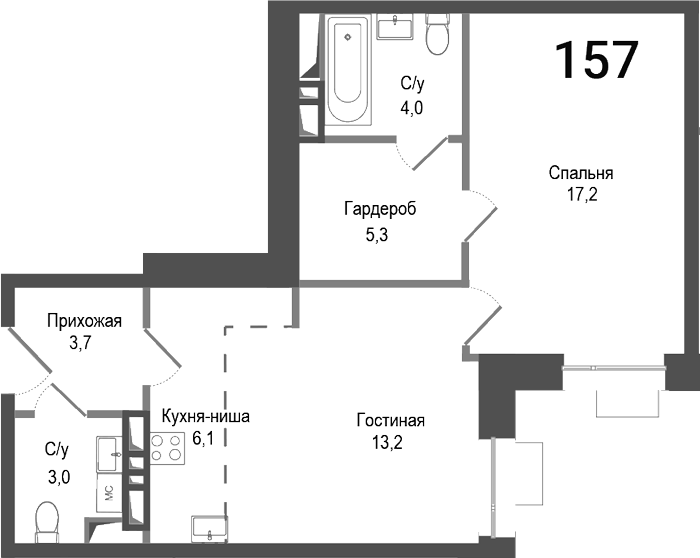 Планировка — Киноквартал, 2-комн., 53 м²