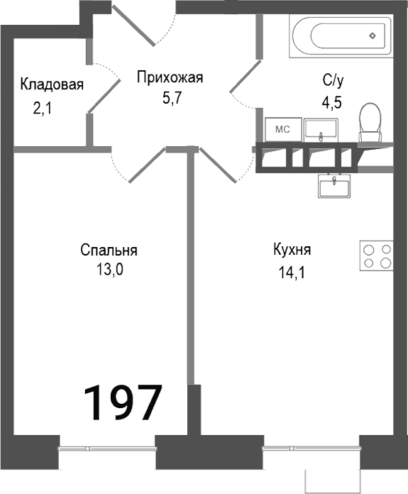 Планировка — Киноквартал, 1-комн., 39 м²
