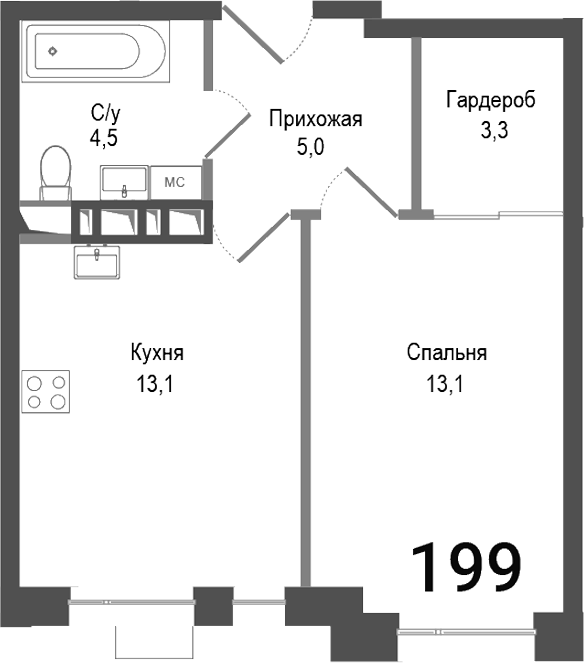 Планировка — Киноквартал, 1-комн., 39 м²