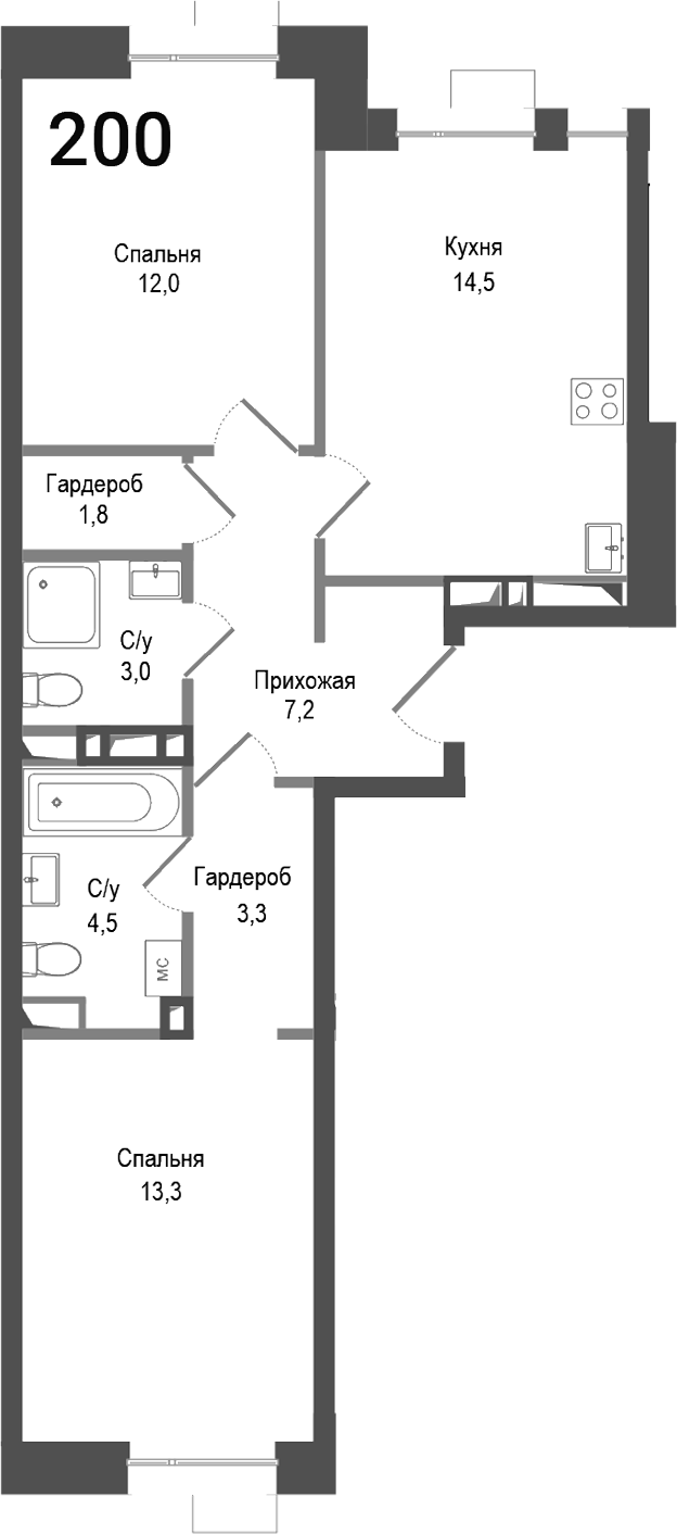 Планировка — Киноквартал, 2-комн., 60 м²