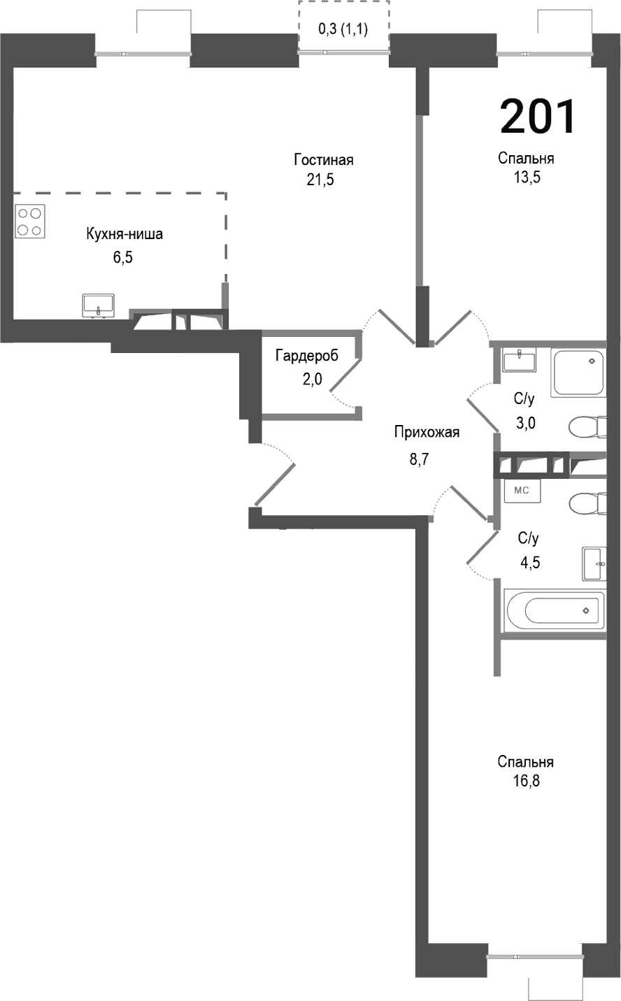 Планировка — Киноквартал, 3-комн., 77 м²