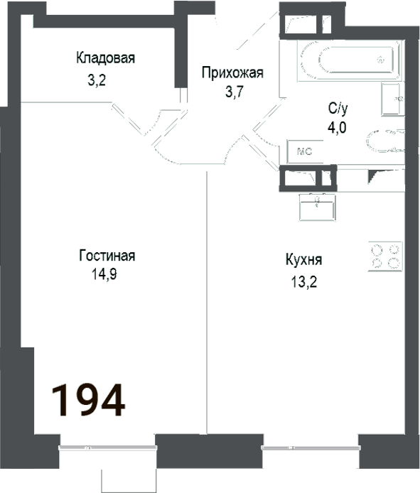 Планировка — Киноквартал, 1-комн., 39 м²