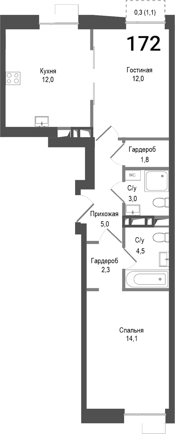 Планировка — Киноквартал, 2-комн., 54 м²