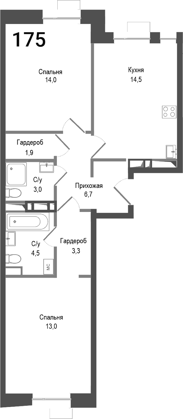 Планировка — Киноквартал, 2-комн., 63 м²
