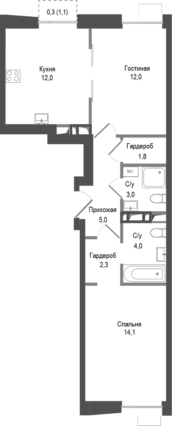 Планировка — Киноквартал, 2-комн., 54 м²