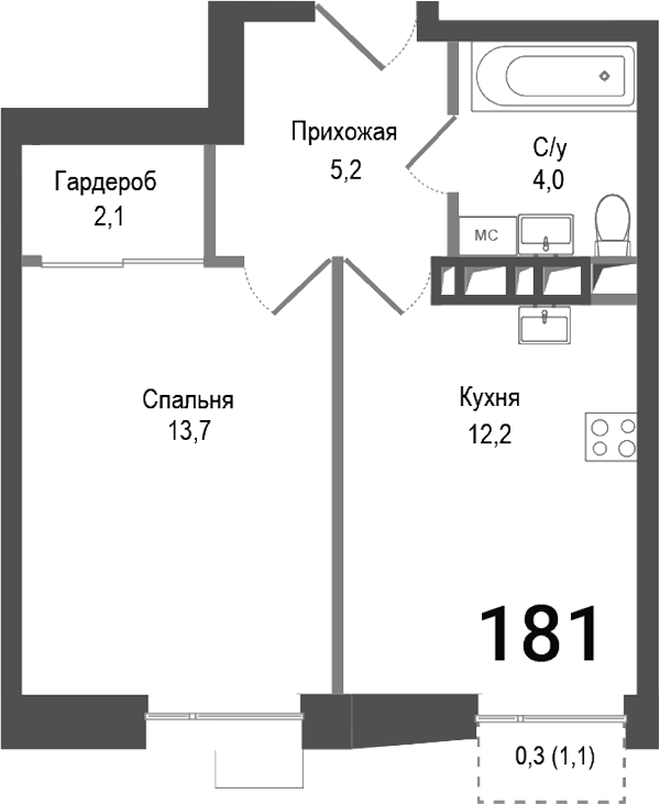Планировка — Киноквартал, 1-комн., 37 м²