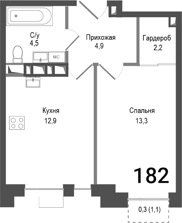 Планировка — Киноквартал, 1-комн., 38 м²