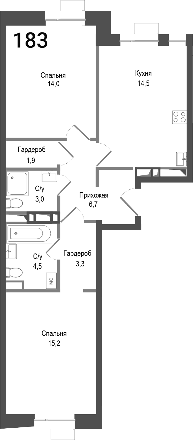 Планировка — Киноквартал, 2-комн., 63 м²