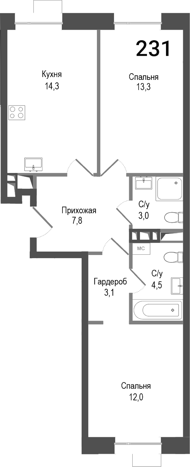 Планировка — Киноквартал, 2-комн., 58 м²