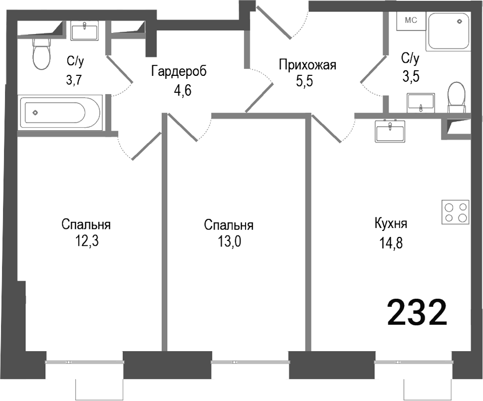 Планировка — Киноквартал, 2-комн., 57 м²