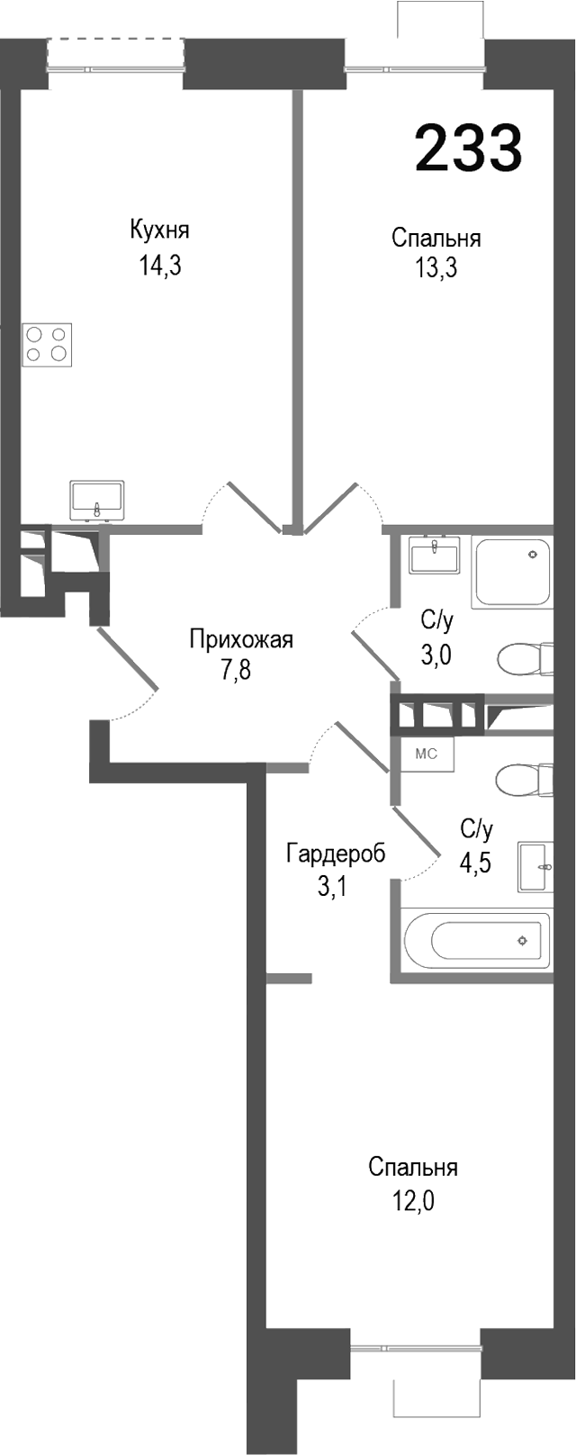 Планировка — Киноквартал, 2-комн., 58 м²