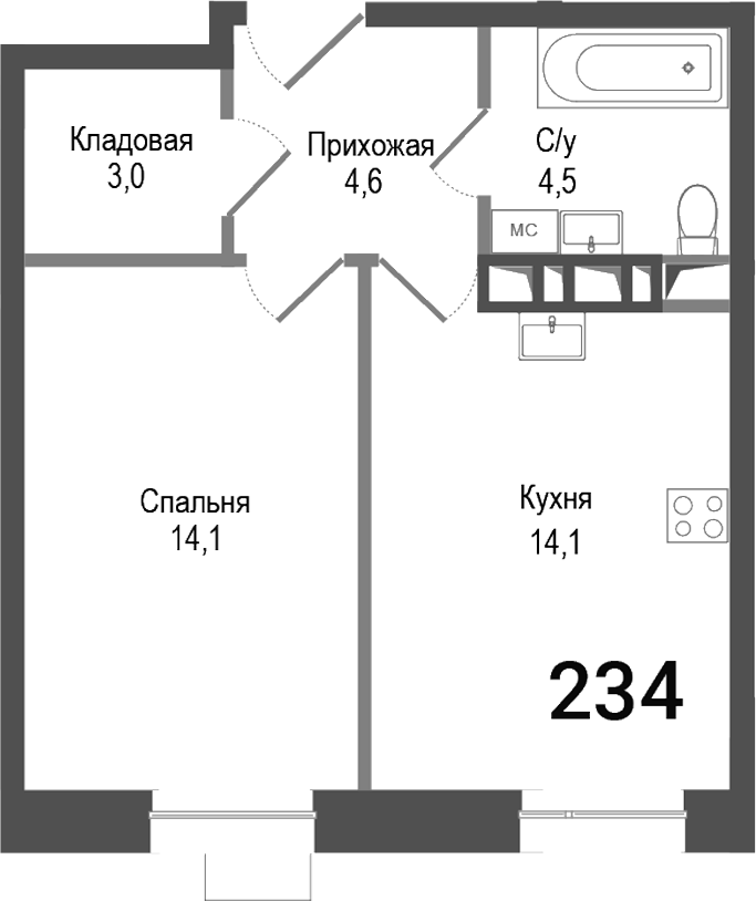 Планировка — Киноквартал, 1-комн., 40 м²