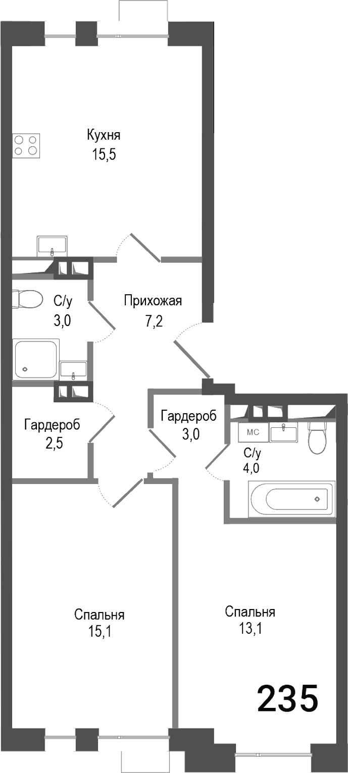 Планировка — Киноквартал, 3-комн., 63 м²