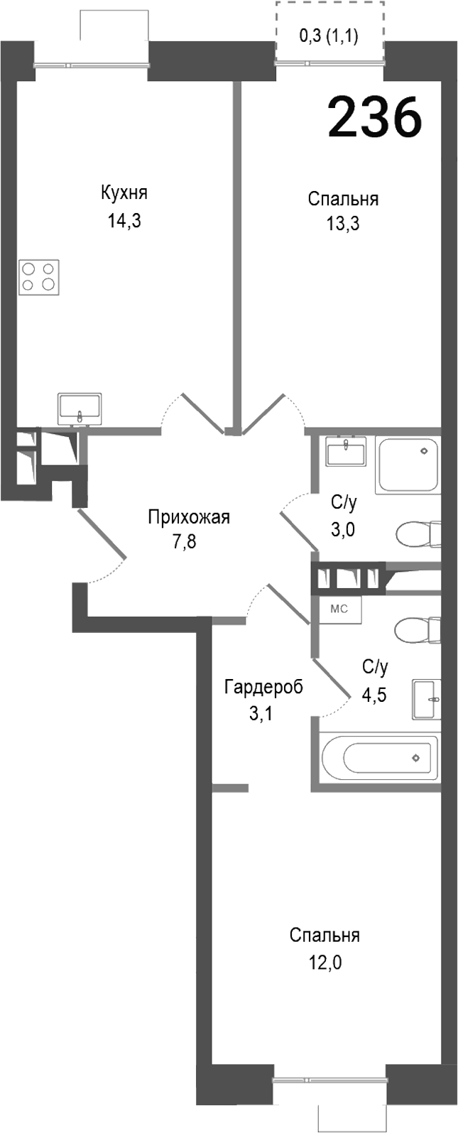 Планировка — Киноквартал, 2-комн., 58 м²