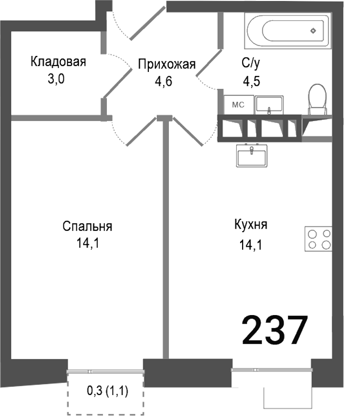 Планировка — Киноквартал, 1-комн., 40 м²