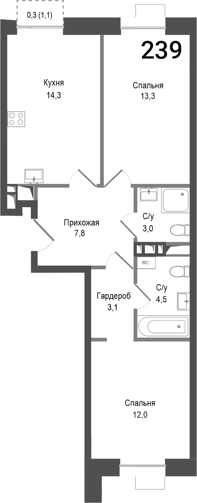 Планировка — Киноквартал, 2-комн., 58 м²